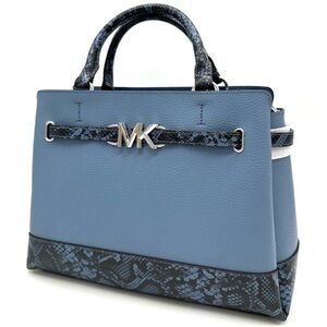 Michael Kors Large Reed Leather Belted Satchel Crossbody Bag Blue Snakeskin
